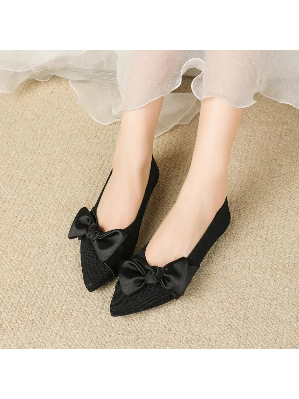 Women's Black Mesh Pointed Toe Ballet Slip On Comfortable  Flats with Bow Shoes
